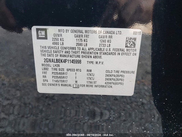 Chevrolet EQUINOX 1LT 2015 2GNALBEK4F1145998 Image 9