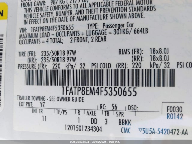 Ford Mustang V6 2015 1FATP8EM4F5350655 Image 9