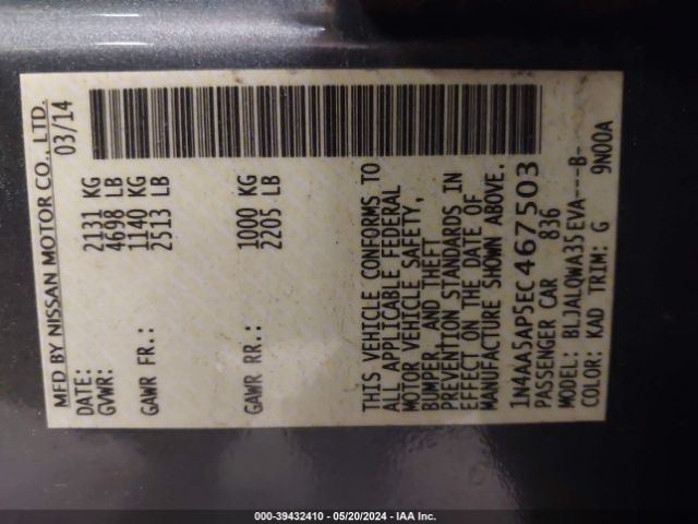 1N4AA5AP5EC467503 Nissan Maxima 3.5 S/3.5 Sv