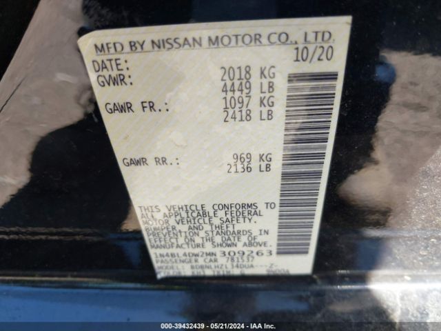 1N4BL4DW2MN309263 Nissan Altima Sv Intelligent Awd
