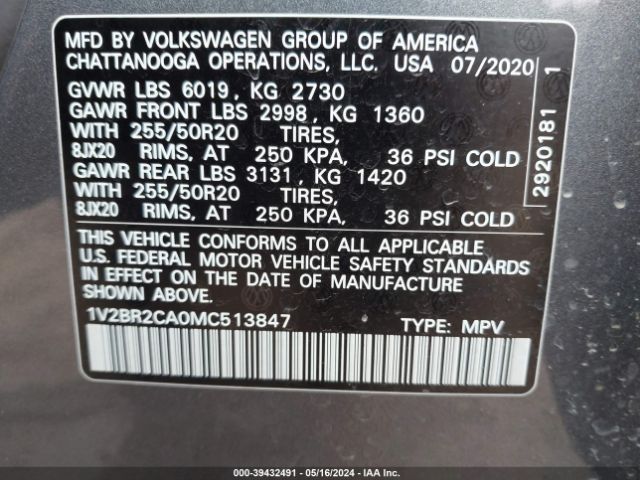 1V2BR2CA0MC513847 Volkswagen Atlas 3.6l V6 Sel