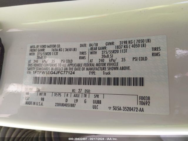 1FTFW1EG4JFC77124 Ford F-150 Platinum