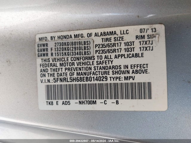 Honda Odyssey Ex-l 2014 5FNRL5H68EB014029 Image 9