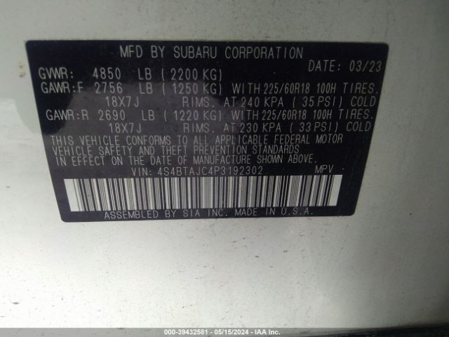4S4BTAJC4P3192302 Subaru Outback Onyx Edition