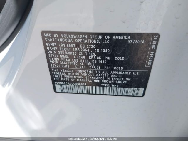 1V2NR2CA0JC588637 Volkswagen Atlas 3.6l V6 Sel Premium