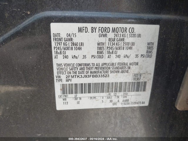 Ford EDGE SEL 2015 2FMTK3J93FBB33523 Image 9