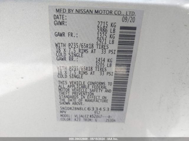 5N1DR2BN8LC633453 Nissan Pathfinder Sv 2wd