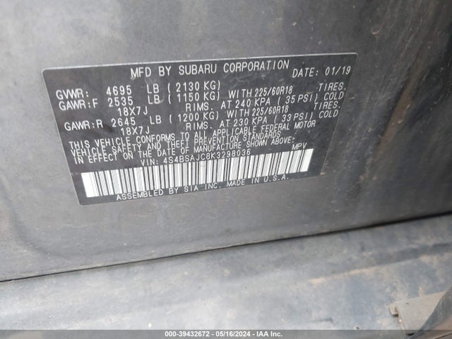 Subaru Outback 2.5i Limited 2019 4S4BSAJC8K3298036 Image 9