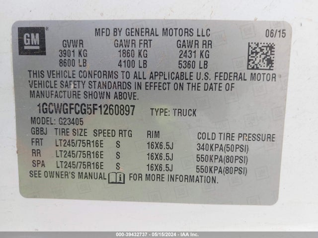 Chevrolet Express 2500 Work Van 2015 1GCWGFCG5F1260897 Image 9