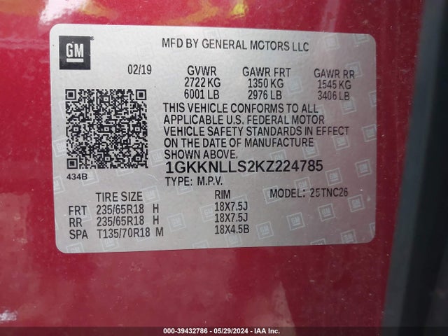 1GKKNLLS2KZ224785 GMC Acadia Sle-2