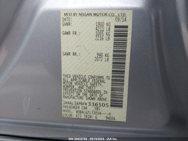 Nissan Altima 2.5 S 2015 1N4AL3AP6FN336505 Image 9