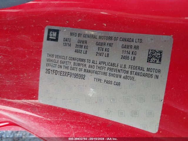 Chevrolet Camaro 1lt 2015 2G1FD1E3XF9195992 Image 9