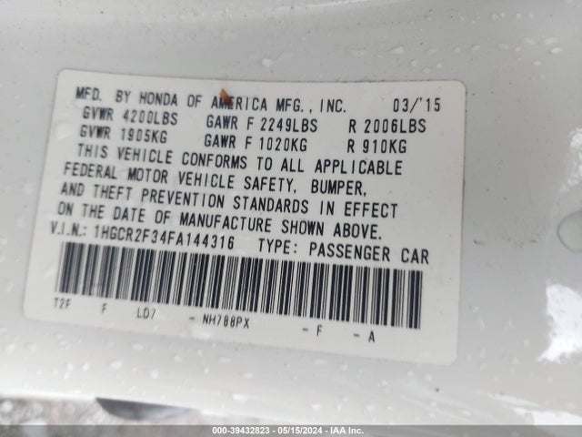 Honda ACCORD LX 2015 1HGCR2F34FA144316 Image 9
