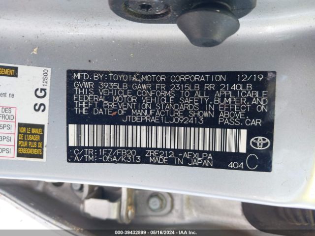 JTDEPRAE1LJ092413 Toyota COROLLA LE