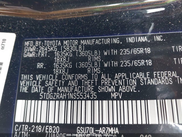 Toyota Highlander Xle 2022 5TDGZRAH1NS553435 Image 9