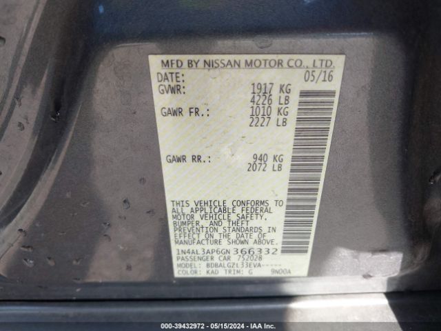 1N4AL3AP6GN366332 Nissan Altima 2.5/2.5 S/2.5 Sl/2.5 Sr/2.5 Sv