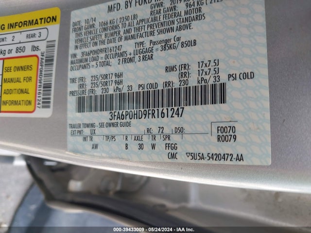 Ford FUSION SE 2015 3FA6P0HD9FR161247 Image 9