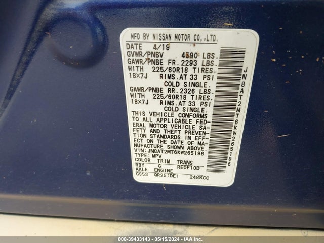 Nissan ROGUE SV 2019 JN8AT2MT6KW265196 Image 9