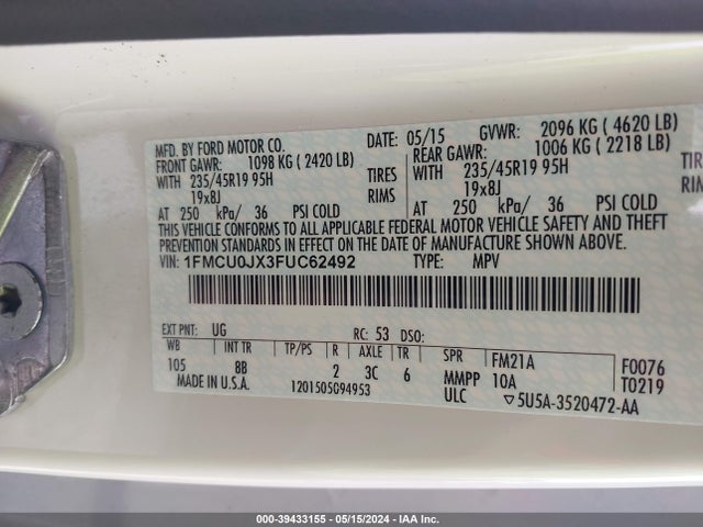 Ford Escape Titanium 2015 1FMCU0JX3FUC62492 Image 9