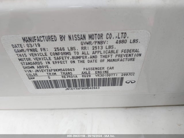 Aukcja sprzedaży 2019 Infiniti Q50 3.0t Signature Edition, vin: JN1EV7AP9KM540943, numer aukcji: 39433156