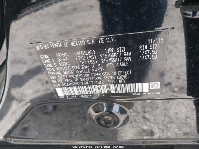3CZRU5H72GM722582 Honda Hr-v Ex-l