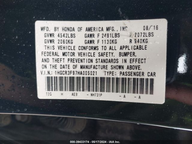 1HGCR3F97HA005021 Honda Accord Touring V6