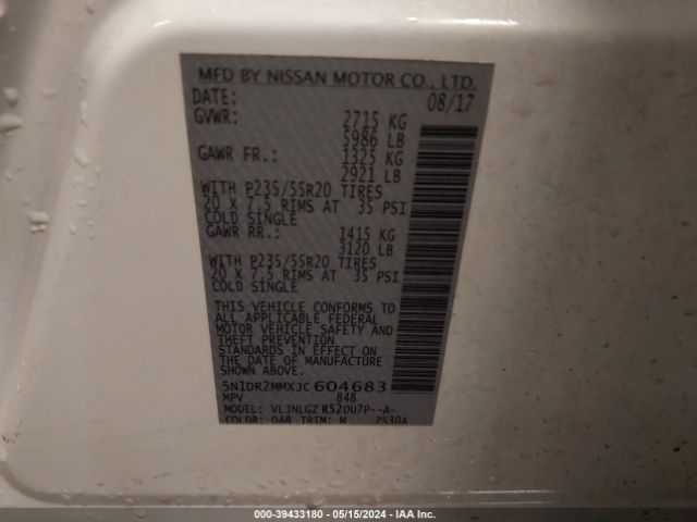 5N1DR2MMXJC604683 Nissan Pathfinder Sl