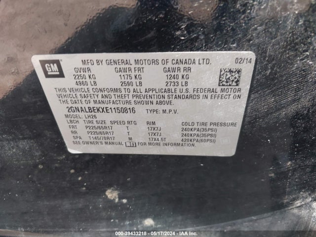 Chevrolet EQUINOX 1LT 2014 2GNALBEKXE1150816 Image 9