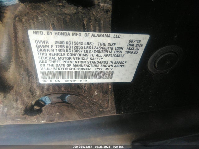 Honda Pilot Ex 2016 5FNYF6H31GB105337 Image 9