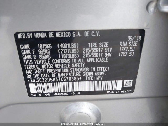 Honda HR-V LX 2019 3CZRU5H37KG703854 Image 9