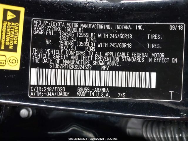 5TDBZRFH2KS924522 Toyota Highlander Le