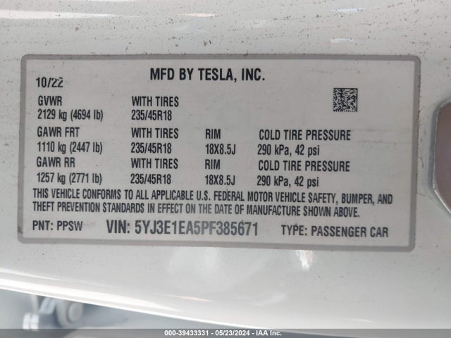 Tesla Model 3 Rear-wheel Drive 2023 5YJ3E1EA5PF385671 Image 9