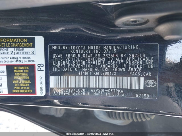 Toyota CAMRY XSE 2015 4T1BF1FK6FU990123 Image 9