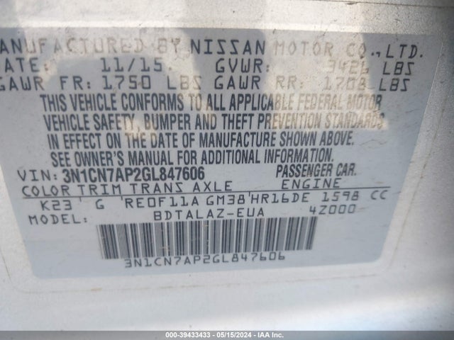 Nissan Versa 1.6 S+ 2016 3N1CN7AP2GL847606 Image 9