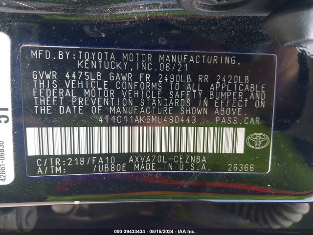 Toyota CAMRY LE 2021 4T1C11AK6MU480443 Image 9