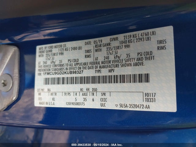 Ford ESCAPE SE 2019 1FMCU9GD2KUB98327 Image 9