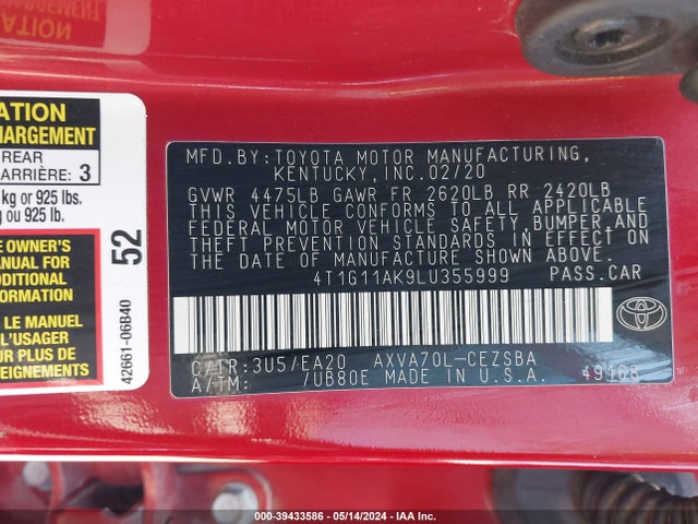 Toyota CAMRY SE 2020 4T1G11AK9LU355999 Image 9