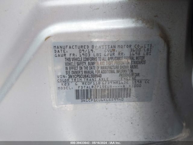 3N1CP5CU6KL559940 Nissan KICKS S