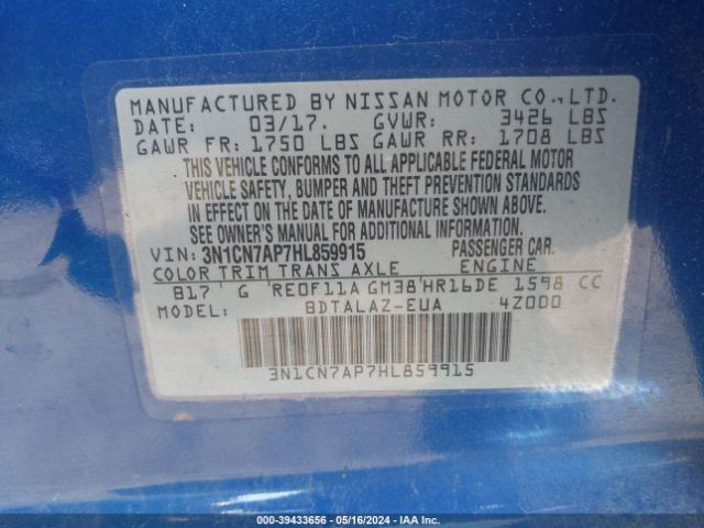 3N1CN7AP7HL859915 Nissan Versa 1.6 S+