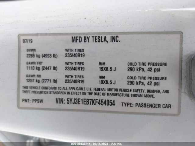 5YJ3E1EB7KF454054 Tesla Model 3 Long Range/performance