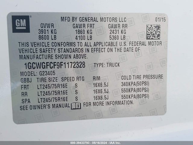 Chevrolet Express 2500 Work Van 2015 1GCWGFCF9F1172328 Image 9