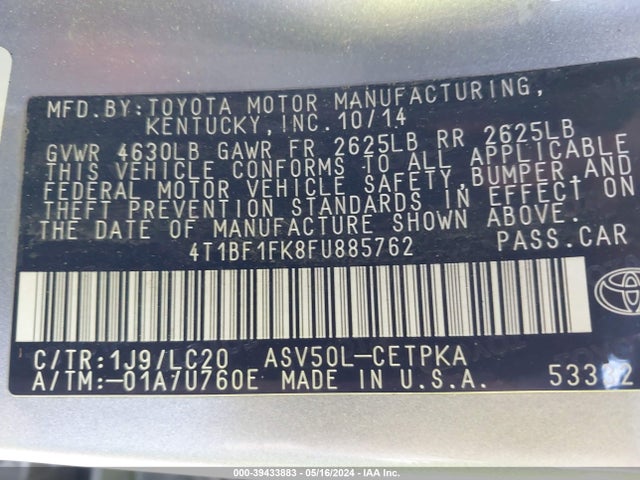 Toyota CAMRY XSE 2015 4T1BF1FK8FU885762 Image 9