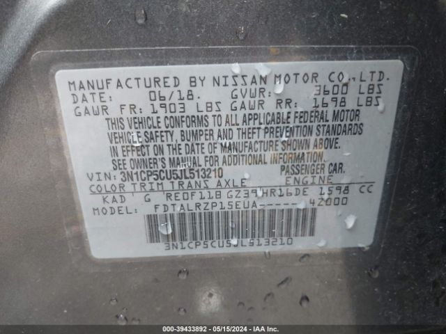 3N1CP5CU5JL513210 Nissan KICKS S