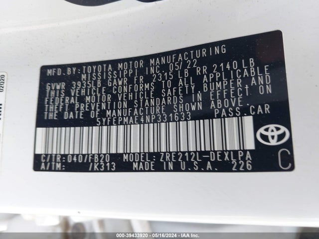 Toyota COROLLA LE 2022 5YFEPMAE4NP331633 Image 9