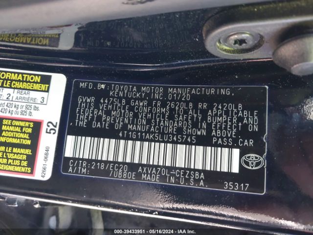 4T1G11AK5LU345745 Toyota Camry Se Nightshade Edition