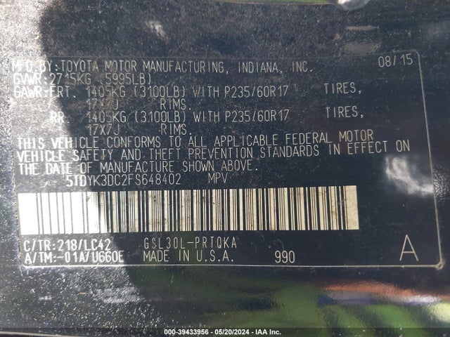 Toyota Sienna Xle 8 Passenger 2015 5TDYK3DC2FS648402 Image 9