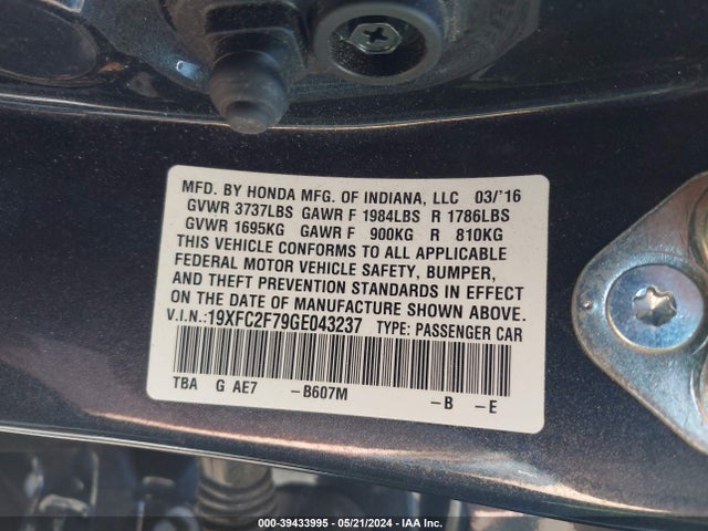 Honda CIVIC EX 2016 19XFC2F79GE043237 Image 9