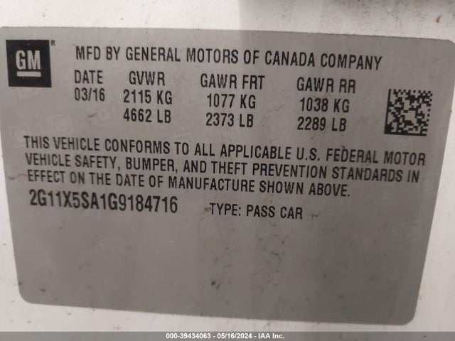Chevrolet Impala 1fl 2016 2G11X5SA1G9184716 Image 9