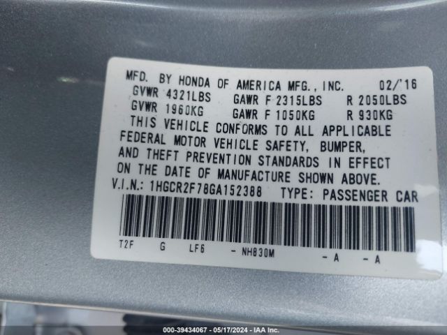 1HGCR2F78GA152388 Honda ACCORD EX