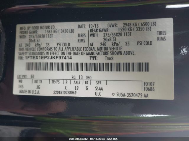 1FTEX1EP2JKF97414 Ford F-150 Xl